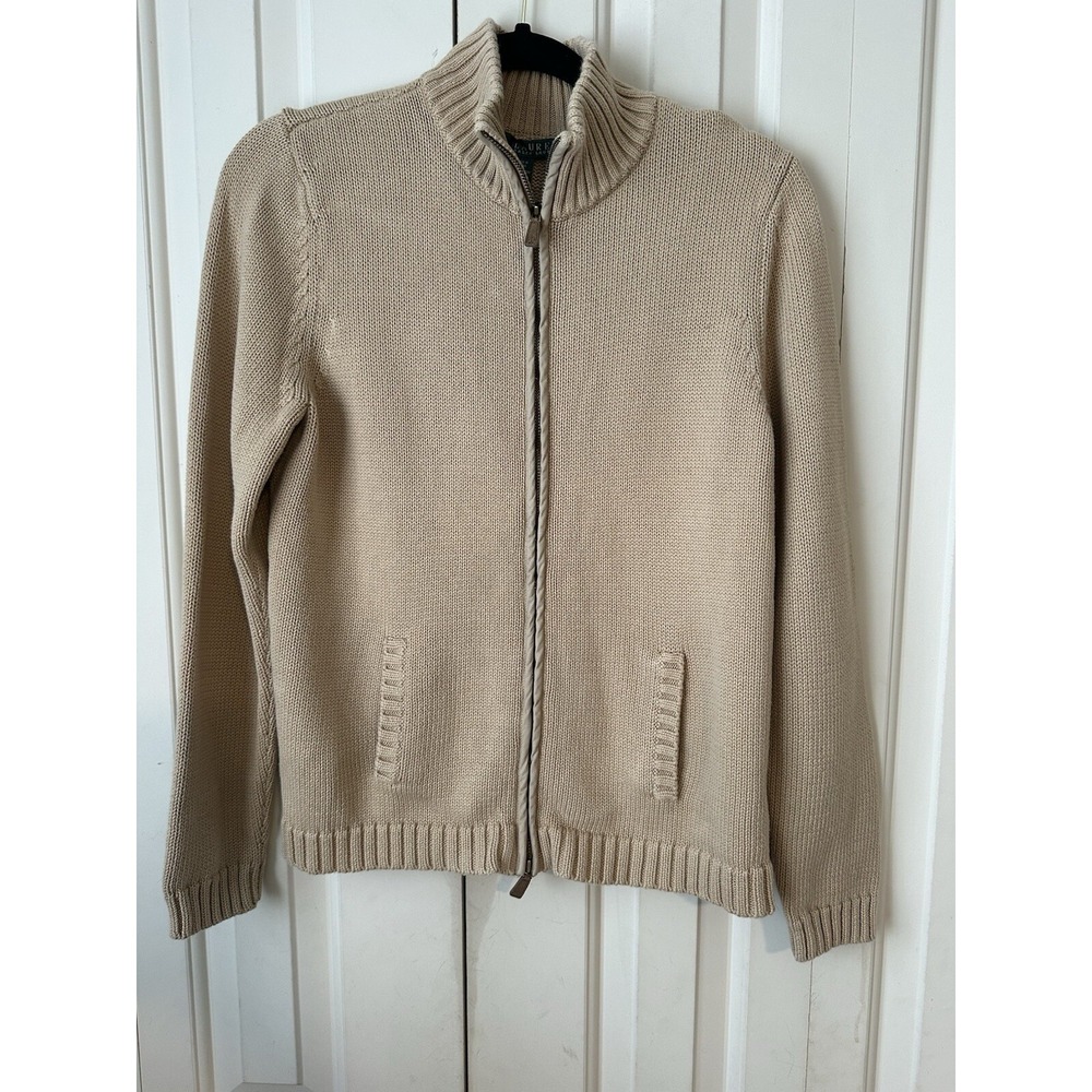 Lauren Ralph Lauren Womens Sweater Cardigan Ribbed Hem Zip Up Beige Sz Large